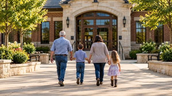 Illustration: a family walking hand in hand toward a civic building