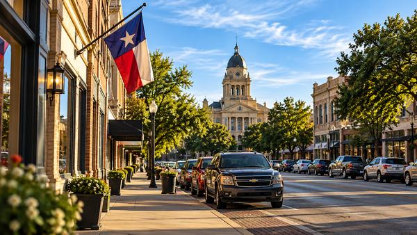 Illustration: a small-town main street with a Texas flag and a domed courthouse in the distance