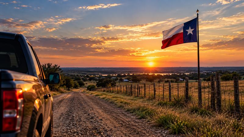 Illustration: a Texas flag flying beside a ranch road at sunset, with a pickup truck parked nearby