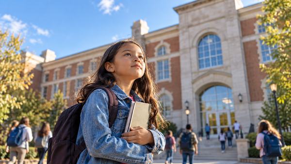 Illustration: a girl holding a book outside a school